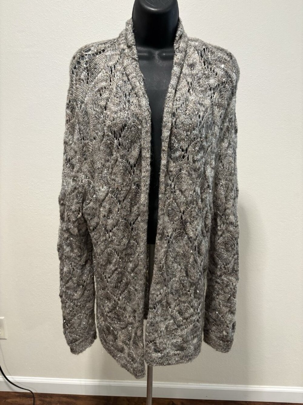 Coldwater Creek Loose Knit Cardigan Sweater Gray Women 1X 18 Open Front Mohair